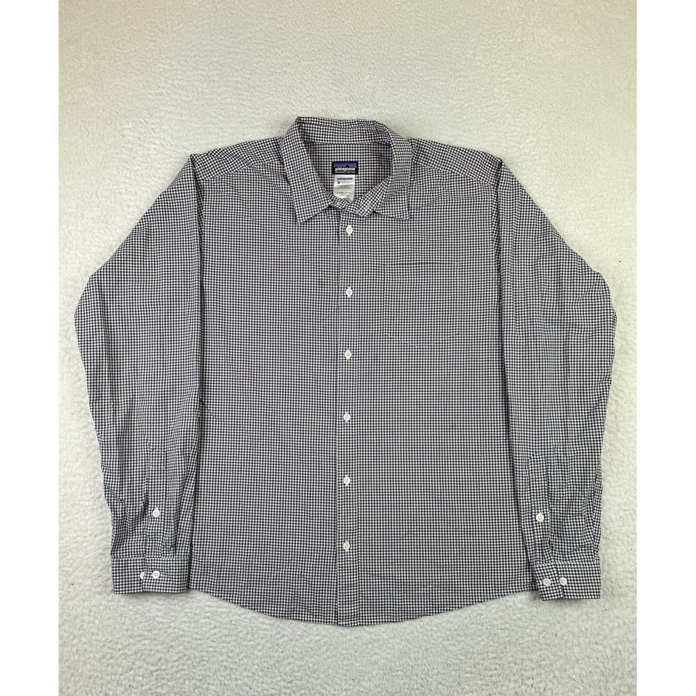Patagonia Shirt‎ Men's Large Gray Gingham Plaid Button Up Fezzman Pocket Casual